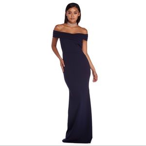 Windsor Navy Gracie Off The Shoulder Pleated Dress